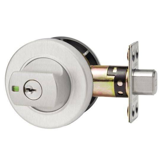 PARADIGM DEADBOLT ROUND ROSE UNIVERSAL PACK in brushed metal finish, featuring a secure locking mechanism for doors. Ideal for hardware and lock solutions.