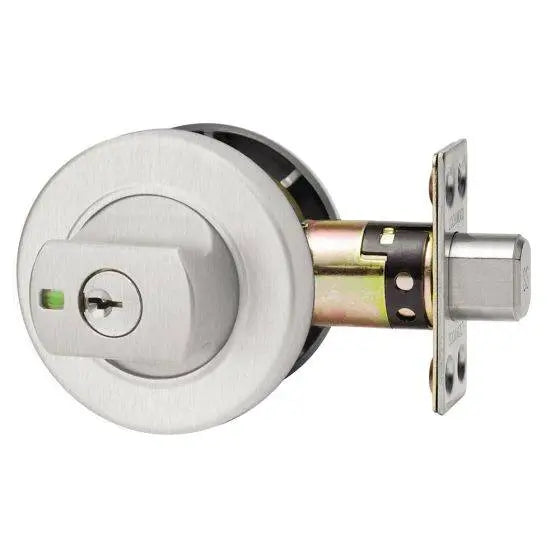 PARADIGM DEADBOLT ROUND ROSE UNIVERSAL PACK in brushed metal finish, featuring a secure locking mechanism for doors. Ideal for hardware and lock solutions.