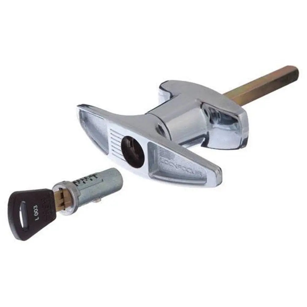 LOCK FOCUS T Handle - Access Panel Lock with chrome finish and fire brigade key CL003, ideal for secure canopy and panel locking applications.