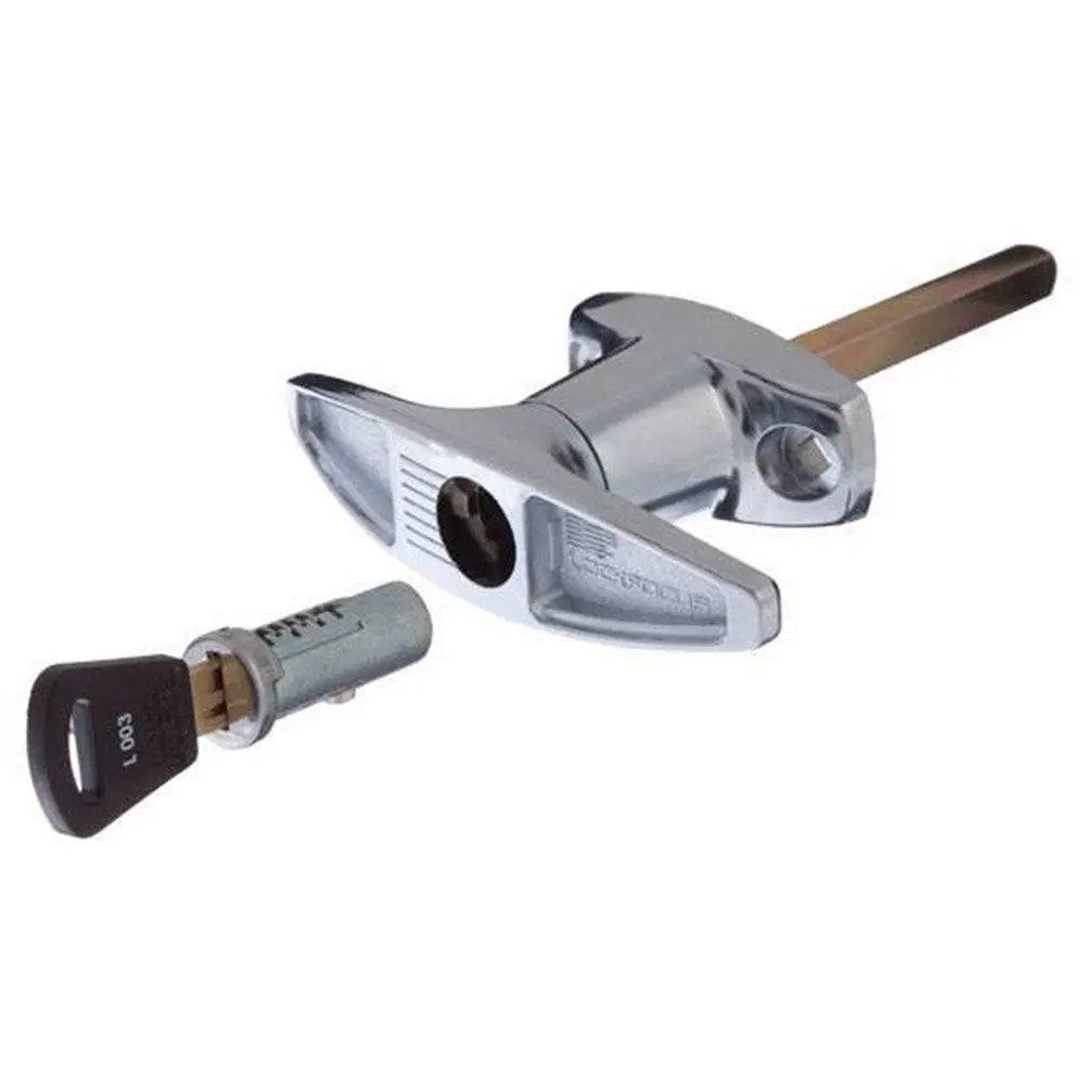 Lock Focus T Handle fire brigade lock in chrome finish with 8mm spindle and CL003 key, ideal for canopy locking and access panels.