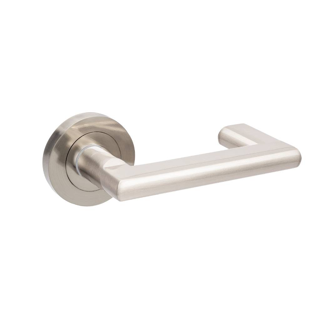 Epic Return Lever Set in brushed nickel finish, featuring a modern design with a round rosette, ideal for residential door hardware.