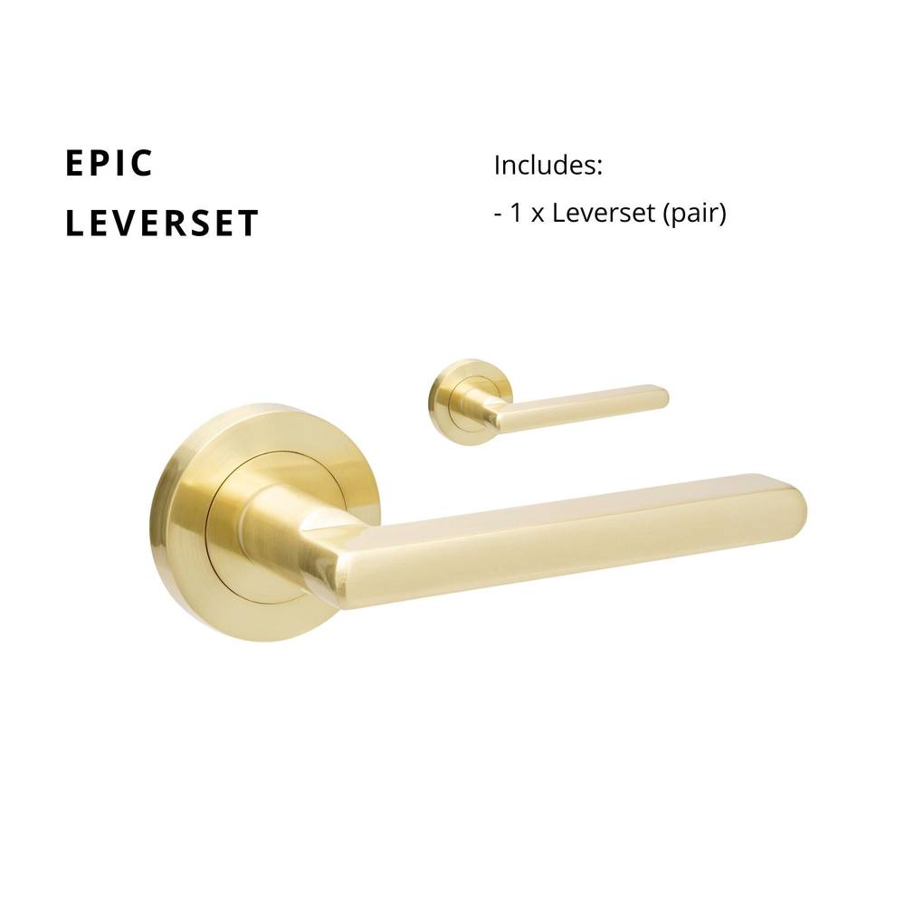 Epic Lever Set in satin brass finish, featuring a sleek and modern design for residential doors. Includes a pair of levers for easy installation.