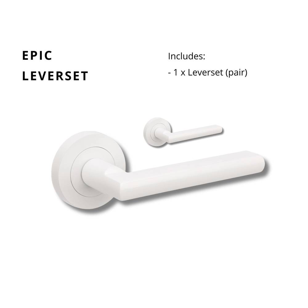Epic Lever Set in a sleek white finish, featuring a modern cylindrical design. Includes a pair of levers for residential door hardware.