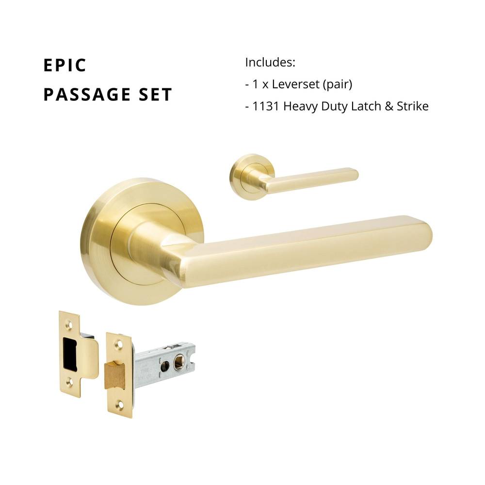 Epic Passage Set with 1131 Heavy Duty Latch-sb, featuring a sleek brass residential leverset and strike plate for modern door hardware.