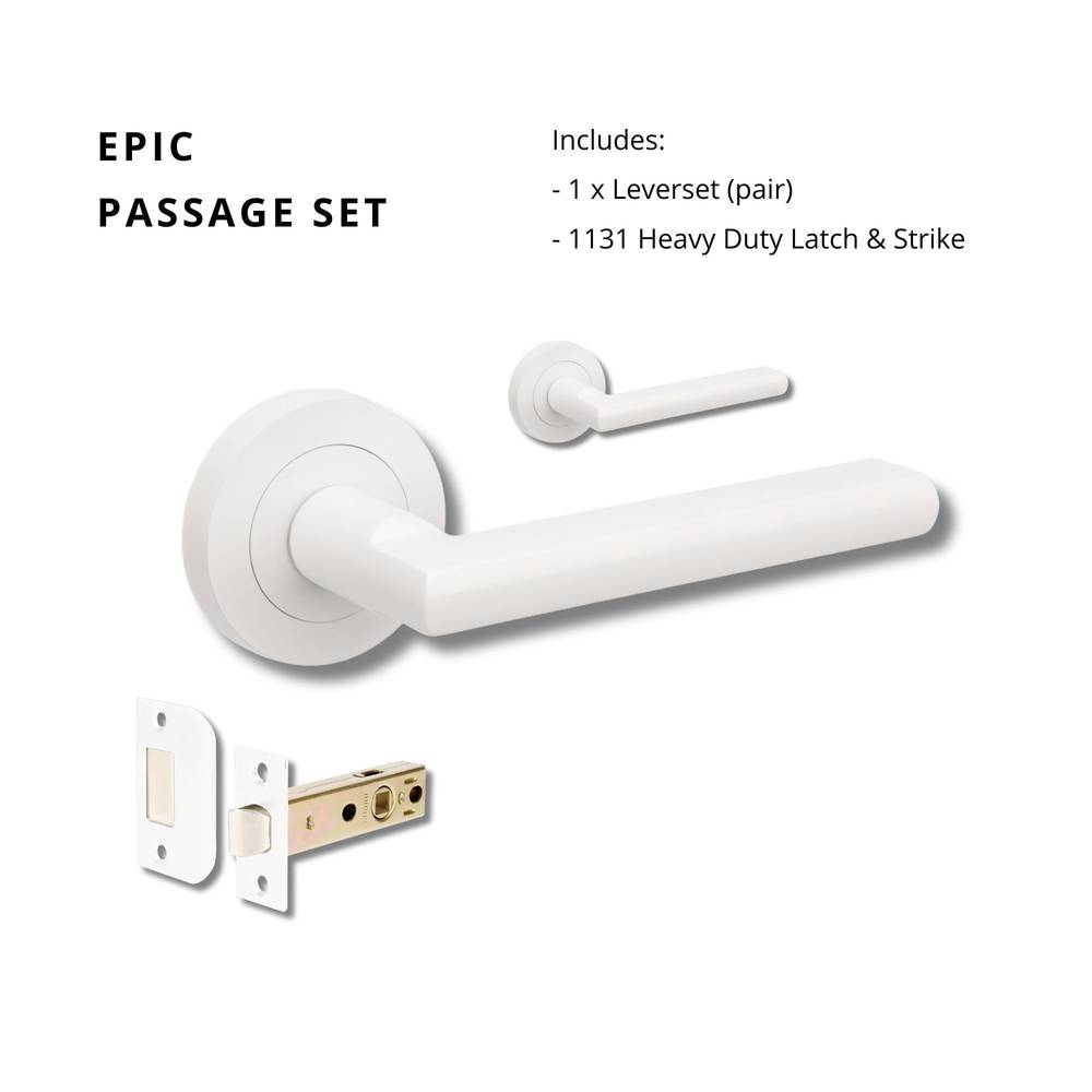 Epic Passage Set with 1131 heavy-duty latch and strike, featuring a sleek white residential leverset for modern door hardware.