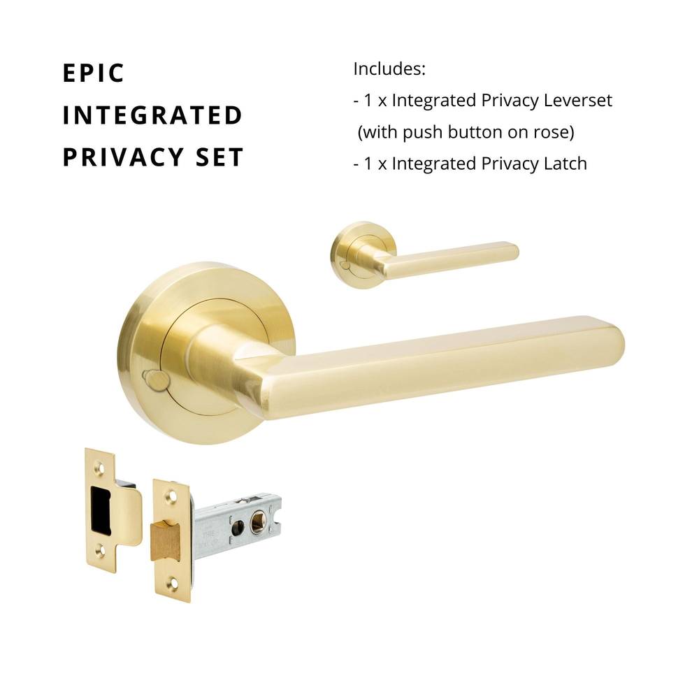 Epic Privacy Set with integrated privacy kit in satin brass finish, featuring a modern residential leverset and privacy latch.