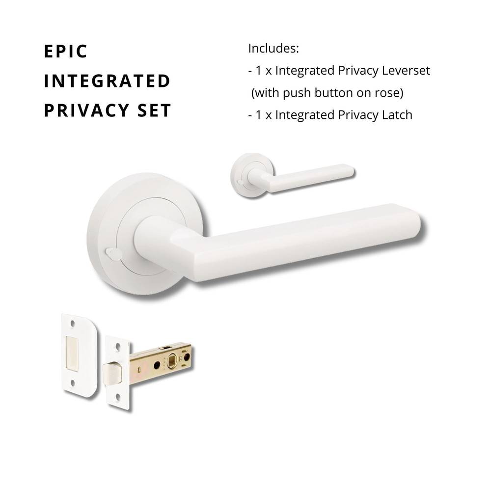 Epic Privacy Set in white finish, featuring an integrated privacy leverset with push button on rose and privacy latch, ideal for residential doors.