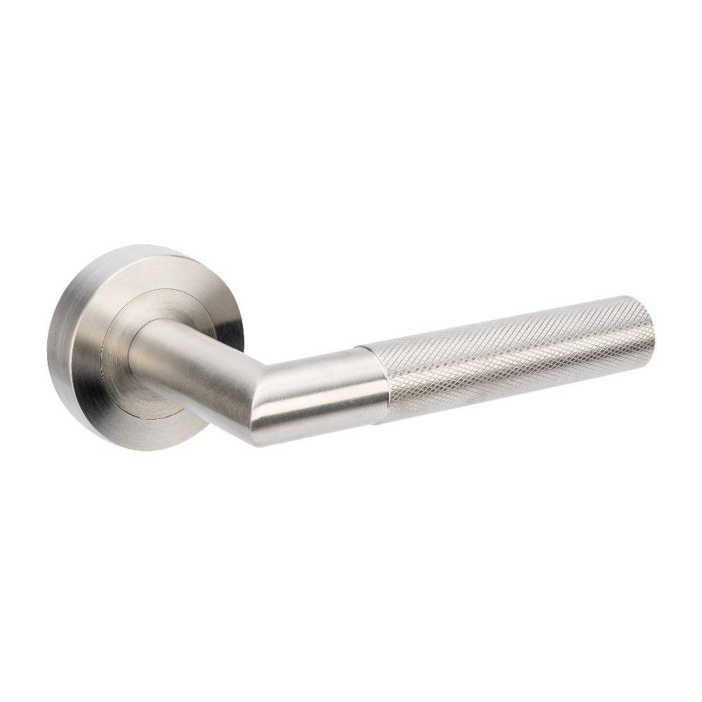 Vertex Integrated Privacy Set bn featuring a brushed nickel finish with a modern knurled handle design, ideal for cabinet hardware.