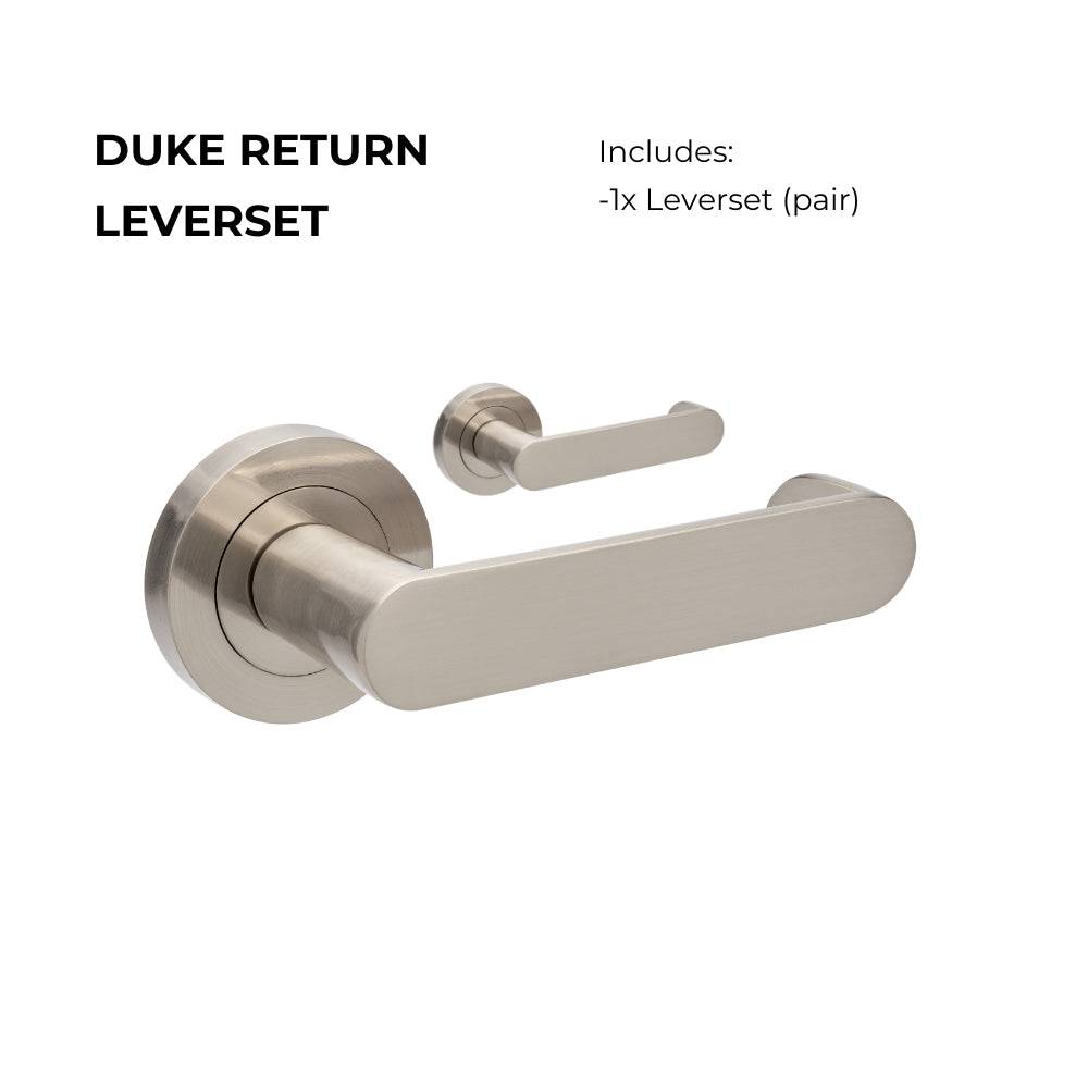 Duke Return Lever Set in brushed nickel finish, featuring a sleek, modern design with a round base and ergonomic handle. Ideal for door hardware upgrades.