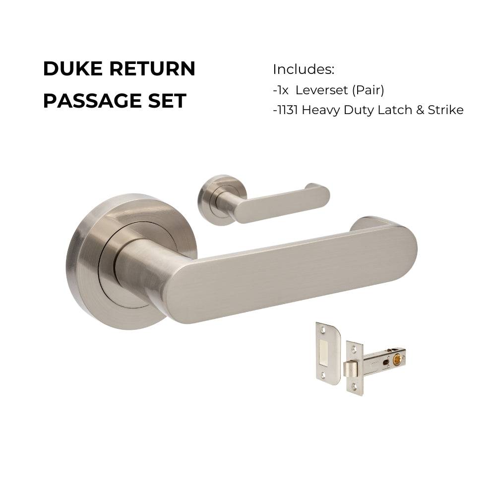 Duke Return Passage Set featuring a sleek lever handle design in brushed nickel finish, includes a pair of levers and heavy-duty latch and strike.