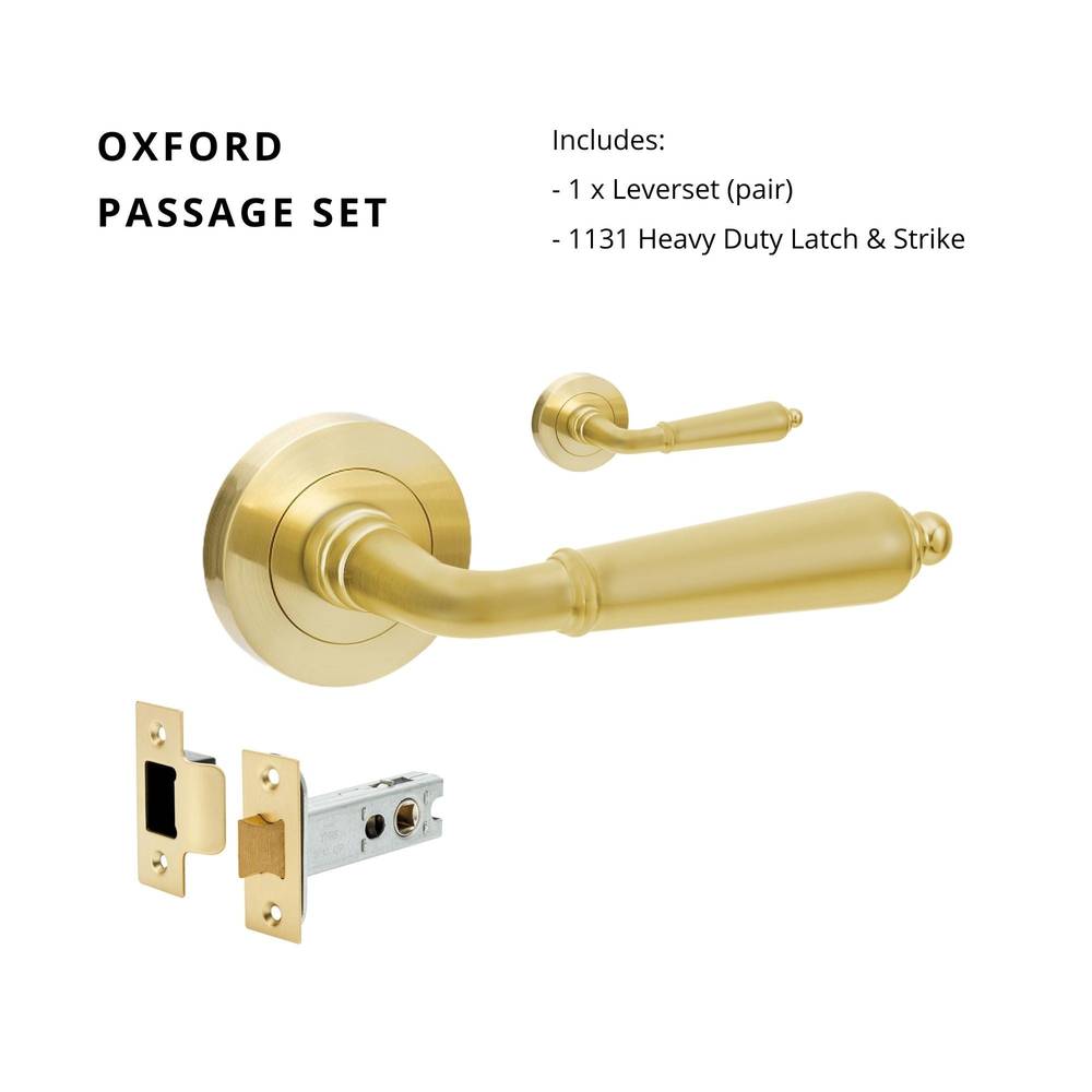 Oxford Passage Set with 1131 Heavy Duty Latch and Strike, featuring a brass lever handle and matching door hardware components.