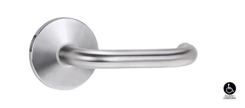 1360 SERIES 70 Lever on Round Rose Full Set in stainless steel finish, featuring a sleek curved handle design for modern door hardware.
