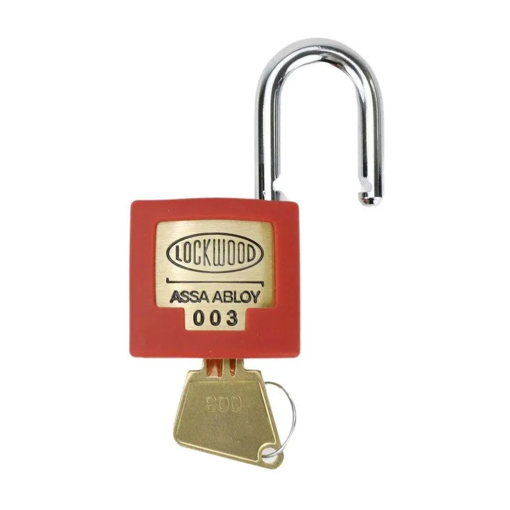 Open Lockwood 325 Padlock 003 with brass body and key inserted, designed for fire safety use and compliant with AS 4428.17:2024.