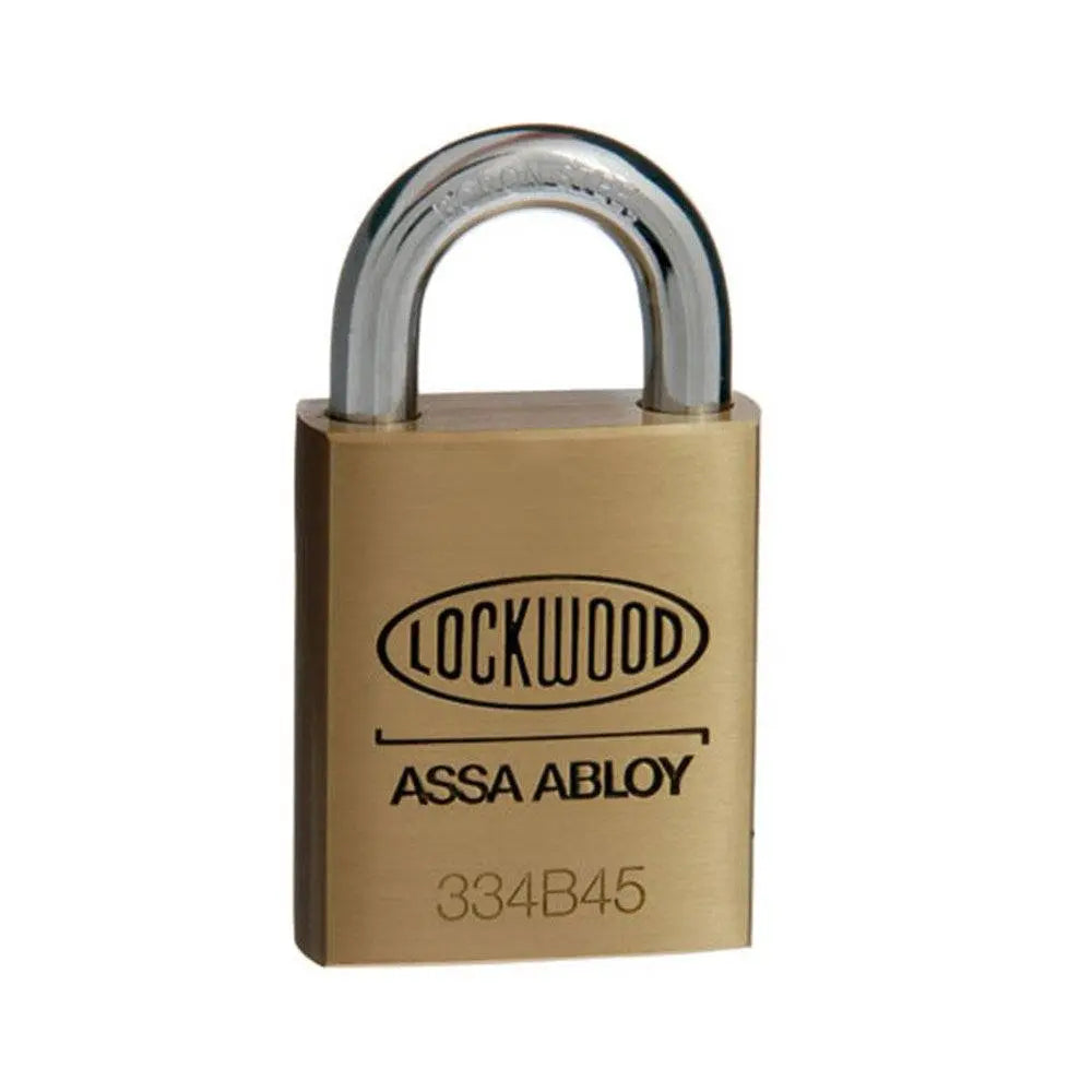 Lockwood 334 Padlock keyed to WAS Key with solid brass body and hardened steel shackle, ideal for high-security hardware applications.