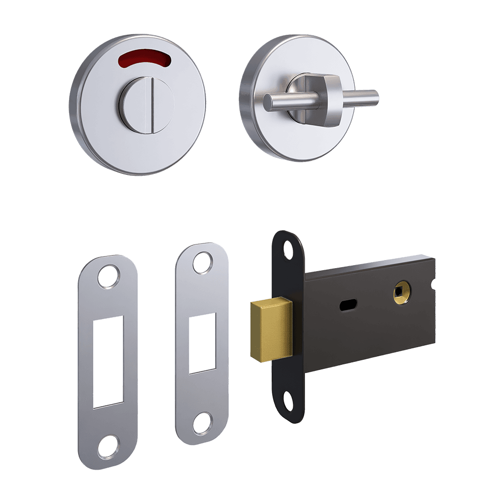 400A Morticed Lock & Indicator Set in satin stainless steel with latch, strike plates, and privacy indicator for toilet partition doors 25-52mm thick.