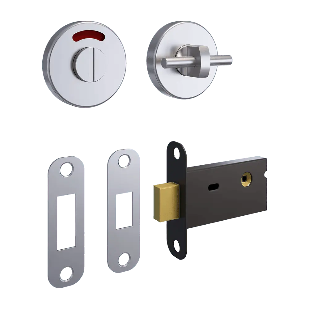 400A Morticed Lock & Indicator Set in satin stainless steel with latch, strike plates, and privacy indicator for toilet partition doors 25-52mm thick.