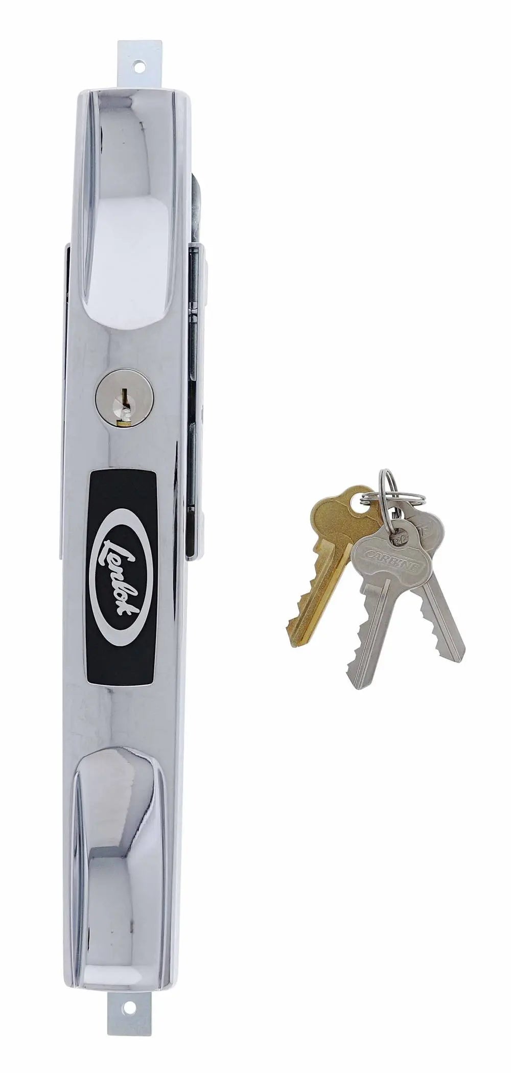 Lenlok 4323 Long Dual Grip Face Roller Door Lock, 4 pin, C4 Keyed Alike KA2 with chrome finish and included keys, ideal for secure door locking.