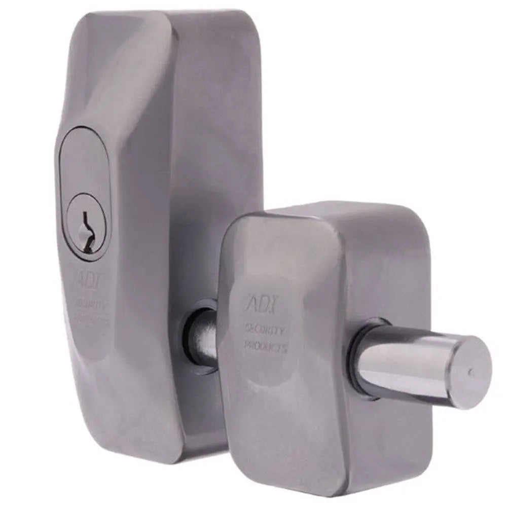 ADI Blocklok Double 444DD security lock in satin chrome finish, designed for double doors with lockable bolt and key access.