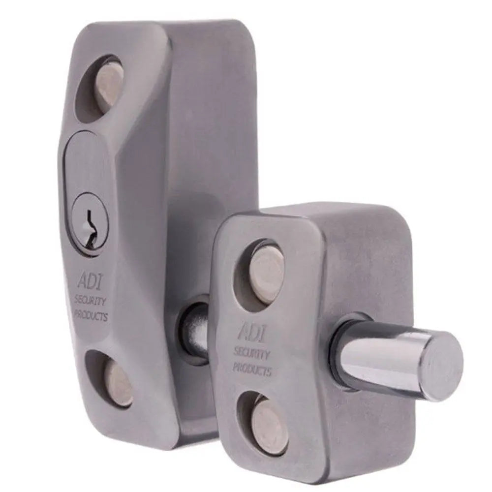 ADI Blocklok Double Front Mount Lock in Satin Chrome with dual locking bolts, ideal for securing double door shop fronts and sliding doors.