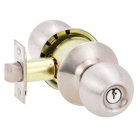 SYMMETRY ENTRANCE SET IMPERIAL TP residential knobset in stainless steel finish, featuring a durable cylindrical design with key lock mechanism. Ideal for door hardware in residential settings.