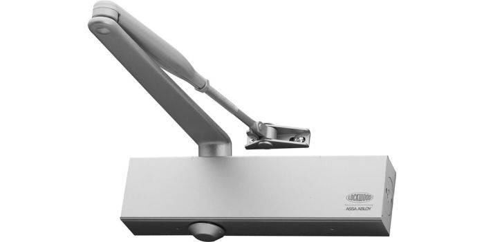 724 SERIES SIZE 2-4 CLOSER ADJUSTABLE BACKCHECK door closer with sleek metallic finish and durable arm mechanism for controlled door closure.