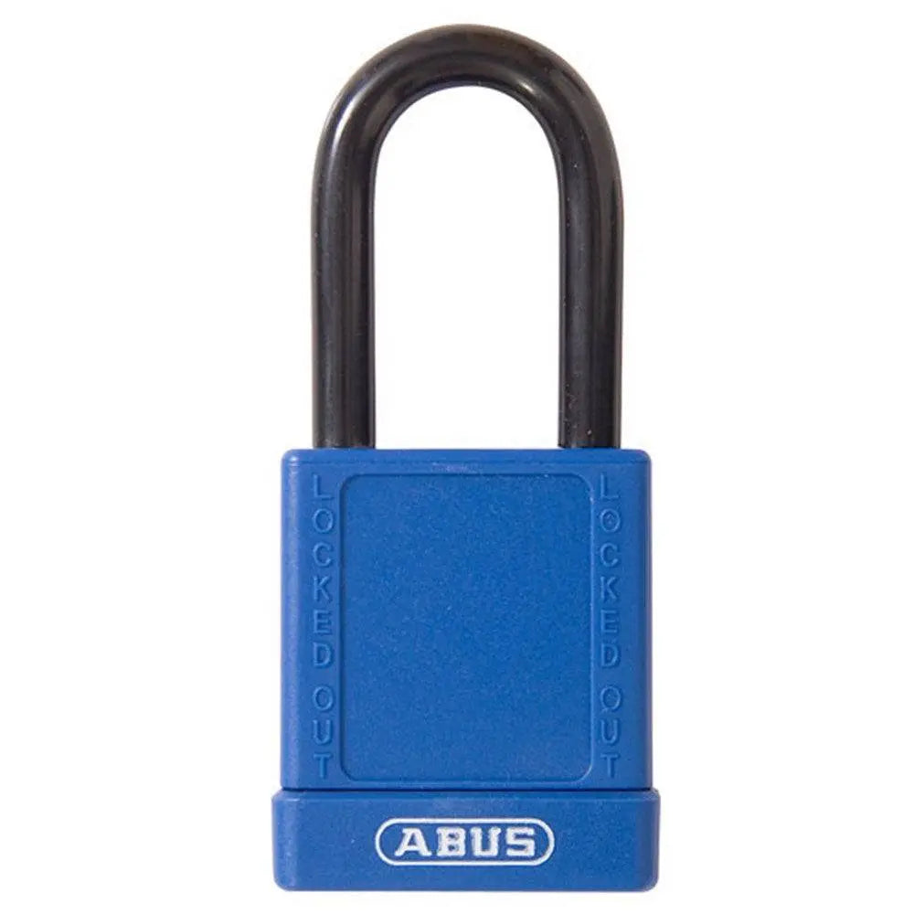 ABUS 74/40 Blu KD padlock with blue aluminum body and black Nano-Protect shackle, designed for shock and corrosion resistance in safety lockout applications.