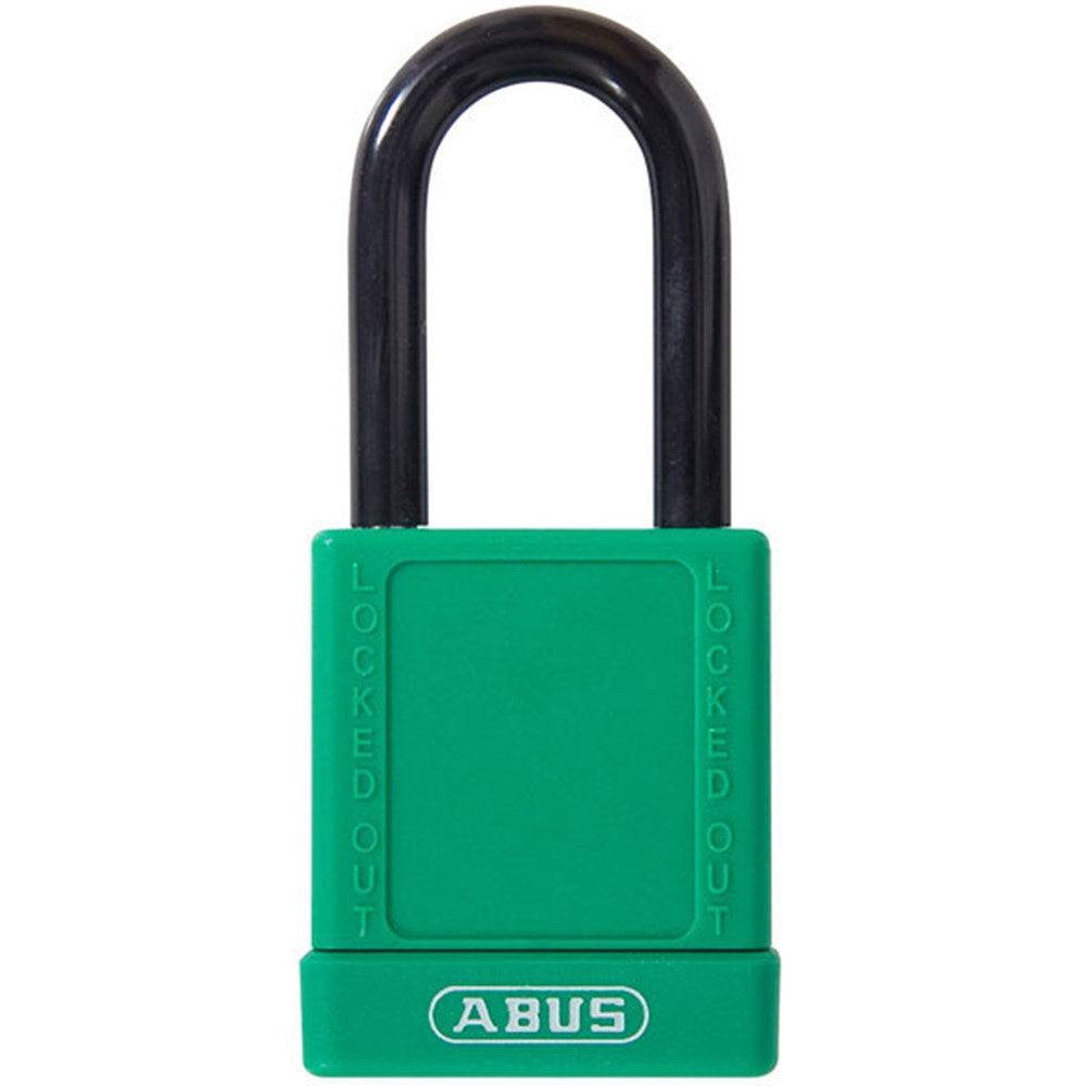 ABUS 74/40 Padlock in green with Nano-Protect™ shackle for electric shock protection. Durable aluminum safety padlock keyed to differ.