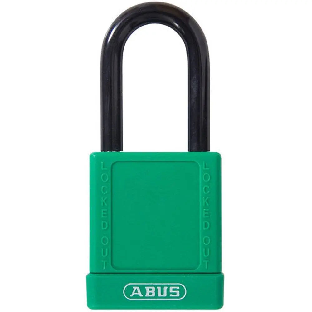 ABUS 74/40 Padlock in green with Nano-Protect™ shackle for electric shock protection. Durable aluminum safety padlock keyed to differ.