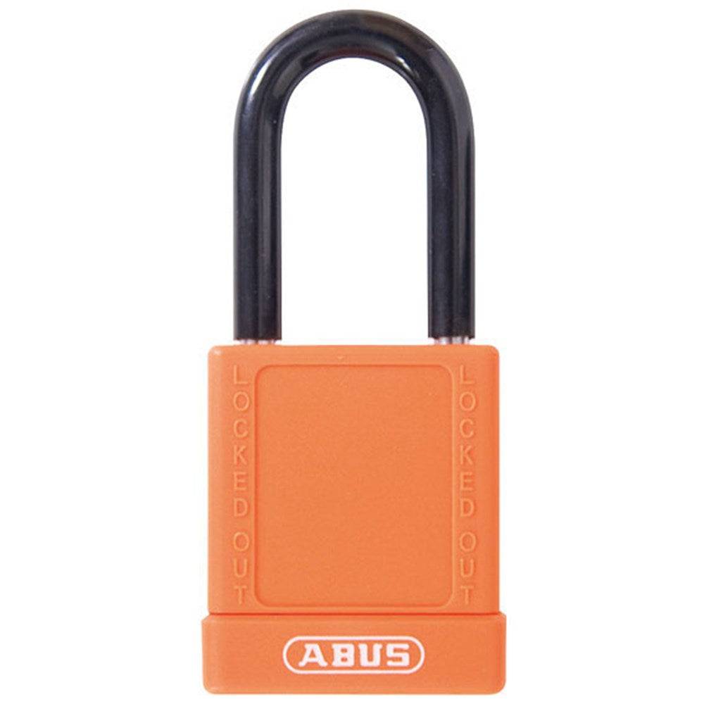 ABUS 74/40 Padlock - Nano-Protect Electric Safety with orange aluminum body and black shackle. Ideal for lockout-tagout in industrial settings.