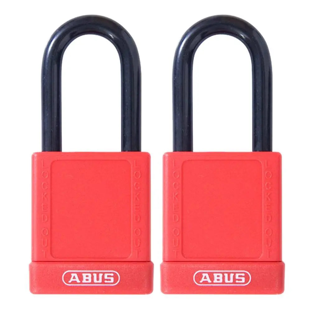 ABUS 74/40 red padlocks keyed alike in pairs with insulated shackle for electric shock safety, ideal for lockout tagout applications.