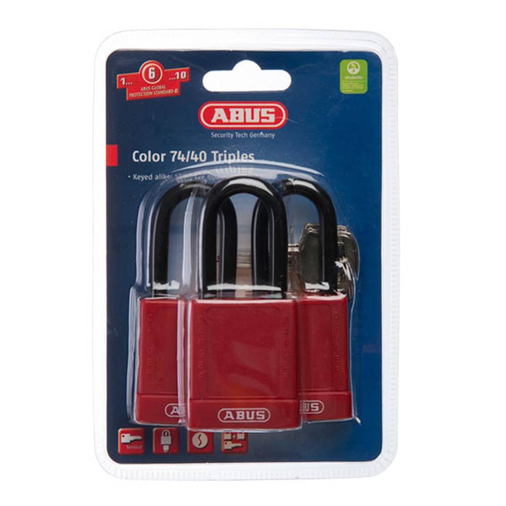 ABUS Padlock 74/40 Triple Pack - Keyed Alike with red aluminium bodies and black Nano-Protect™ shackles in retail packaging. Ideal for safety lockout.