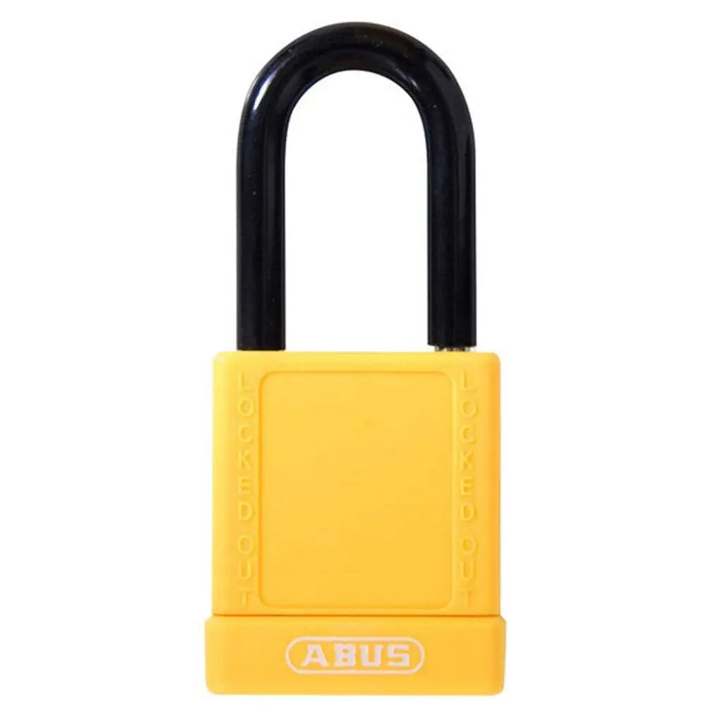 ABUS 74/40 padlock in yellow with Nano-Protect shackle for electric shock protection. Durable aluminum body, keyed differently for safety lockout.