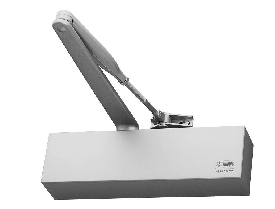 7726 SERIES SIZE 2-6 door closer with adjustable backcheck and delayed action, featuring a sleek silver finish and durable design.