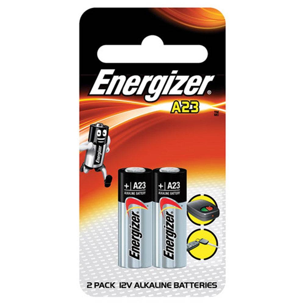 Energizer A23 Battery Pack - 12V Alkaline, 2-pack for keyless entry remotes and garage door openers. Long-lasting power with 5-year shelf life.