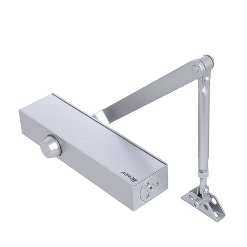 SIZE 2-4 POWER ADJUSTABLE DOOR CLOSER WITH BC & PA BRACKET in silver finish, featuring a durable arm and mounting bracket for secure door operation.