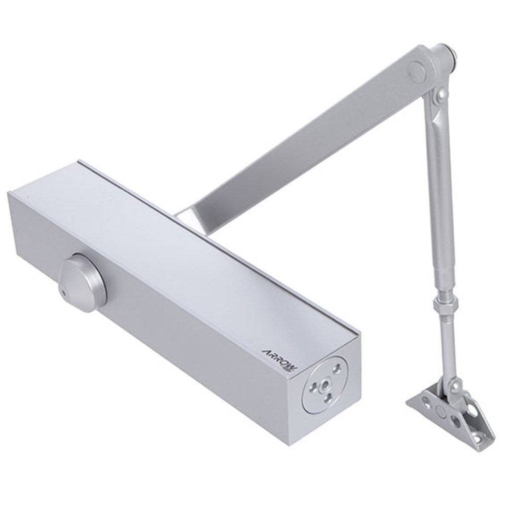 SIZE 2-6 POWER ADJUSTABLE DOOR CLOSER with BC, DA & PA bracket in a silver finish, featuring a durable arm mechanism for controlled door closure.
