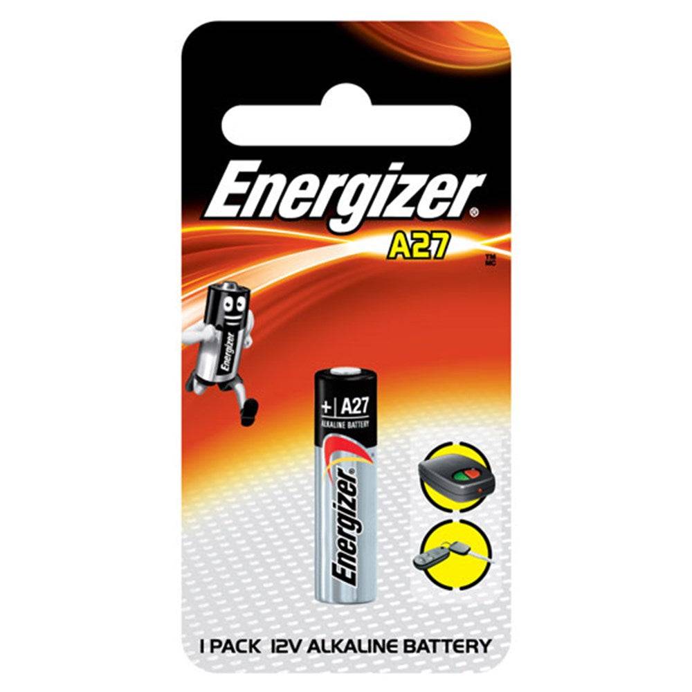 Energizer A27 12V Alkaline Miniature Battery in retail packaging, ideal for keyless entry remotes and garage door openers.
