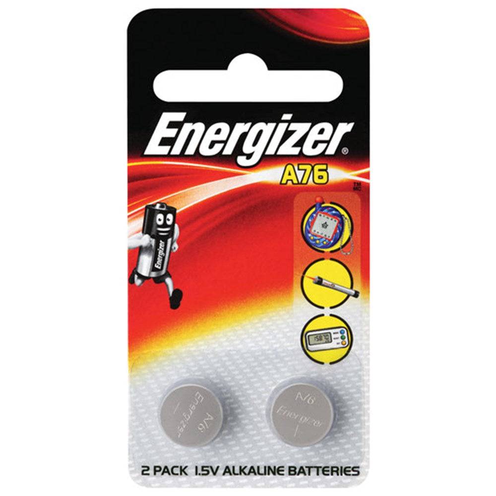 Energizer A76 LR44 coin cell battery pack of 2 with 1.5V alkaline power, ideal for watches, toys, and medical devices. Child-safe packaging included.