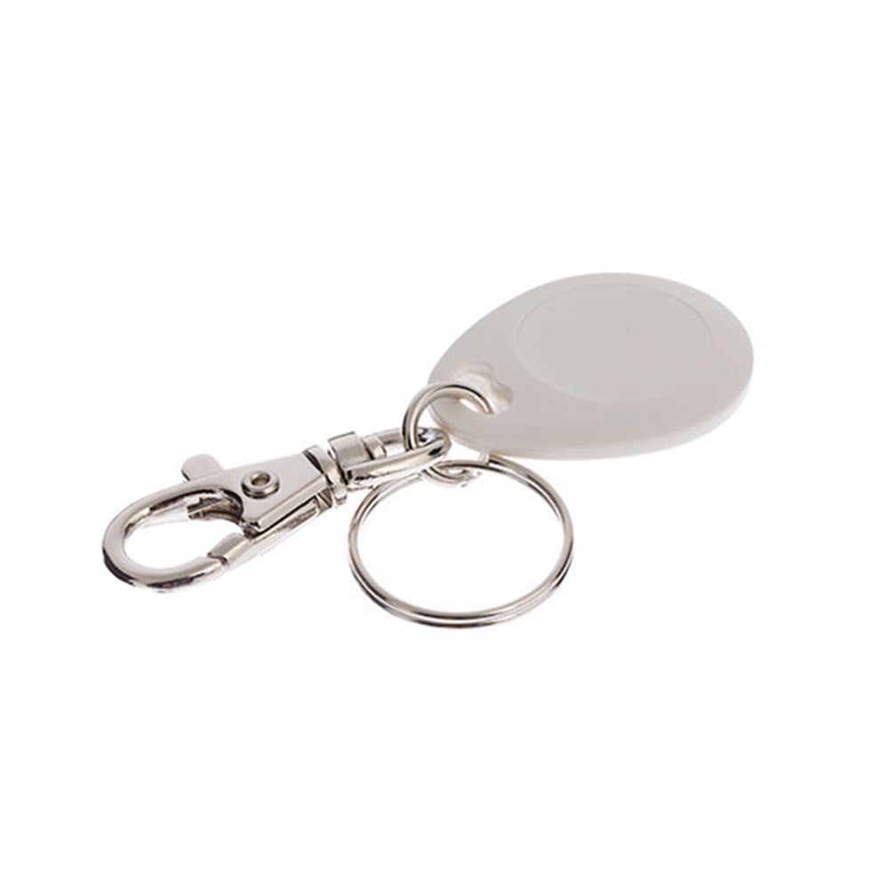 White Neptune Tumbler Fob with Keychain MIFARE 1K S50. Contactless card alternative for keyless entry, made from durable ABS plastic.