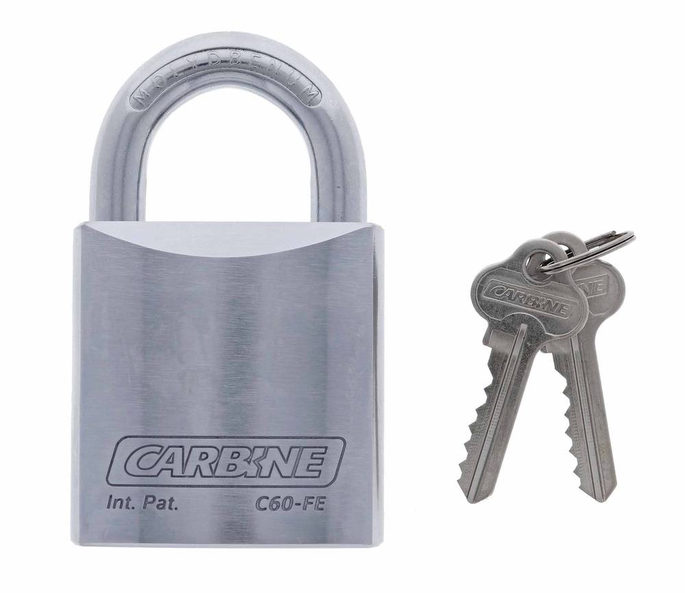 Carbine C60 Steel Padlock with keys, featuring corrosion-resistant 11mm moly shackle for secure locking in marine and coastal environments.