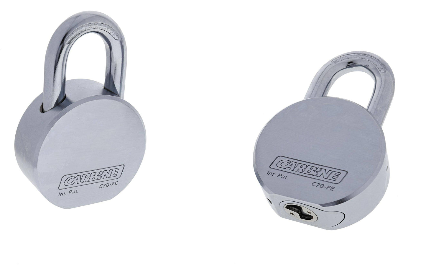 Carbine C70 Padlock - 11mm moly shackle high security lock with rekeyable brass cylinder and anti-drill cover, shown from two angles.