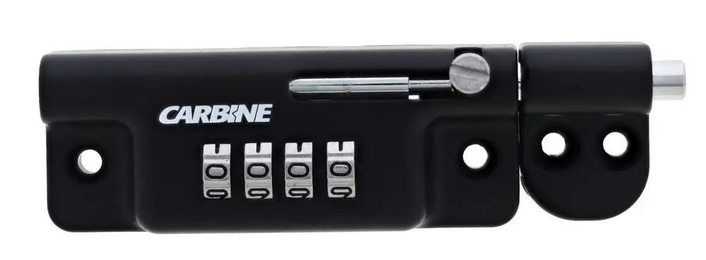 Barrel Bolt Carbine - 4 Dial Combo in black finish for window and patio locks. Features a secure 4-digit combination lock with durable metal body.