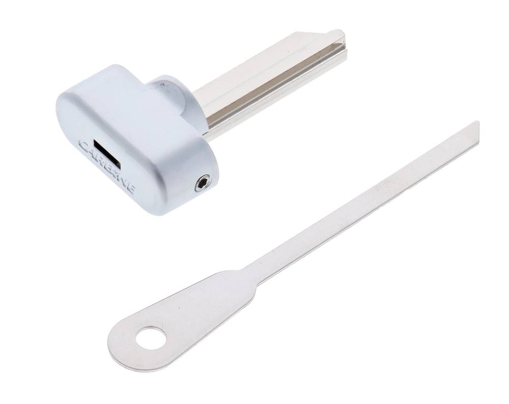 Carbine CKT key turn knob in Satin Chrome with C4, 5 or 6 pin compatibility, shown with included removal tool for lock conversion use.