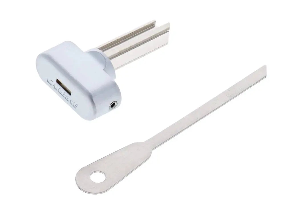Carbine CKT key turn knob TES5 with 5 pin modular design in satin chrome finish, shown with included removal tool for lock conversion.