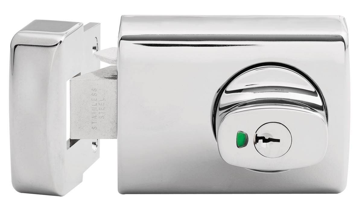 001 WITH KNOB TIMBER FRAME STRIKE TP deadlatch and nightlatch in polished chrome finish, featuring a secure key lock and knob mechanism for timber doors.