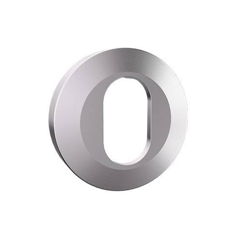 Carbine CRF136 escutcheon with round rose oval fixing in stainless steel, designed for external through fixing and durable door security.
