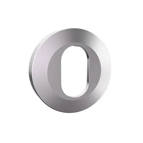 Carbine CRF136 escutcheon with round rose oval fixing in stainless steel, designed for external through fixing and durable door security.
