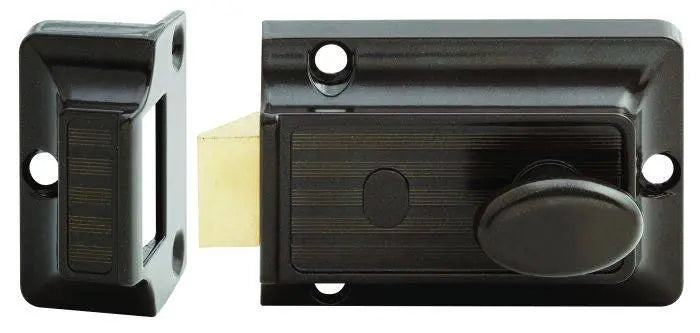 100 NIGHTLATCH BROWN BODY TP deadlatch with a durable brown finish, featuring a turn knob and latch mechanism for secure door locking.
