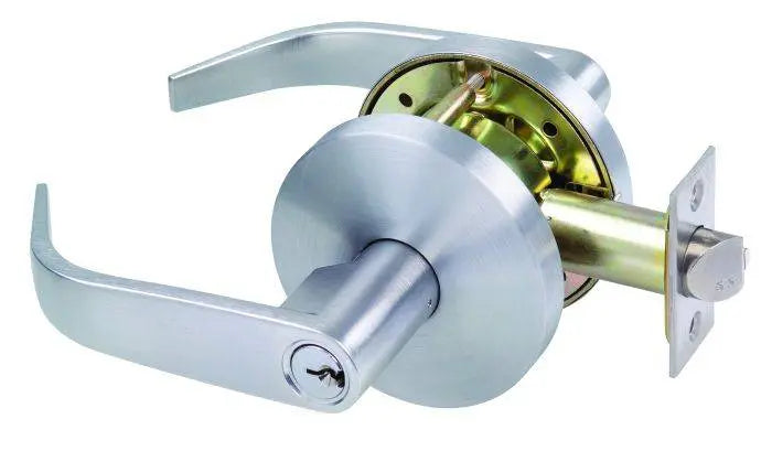 KEY IN LEVER SINGLE CYL CLASSROOM SET 70MM TP residential leverset with a sleek silver finish, designed for secure classroom use in hardware applications.