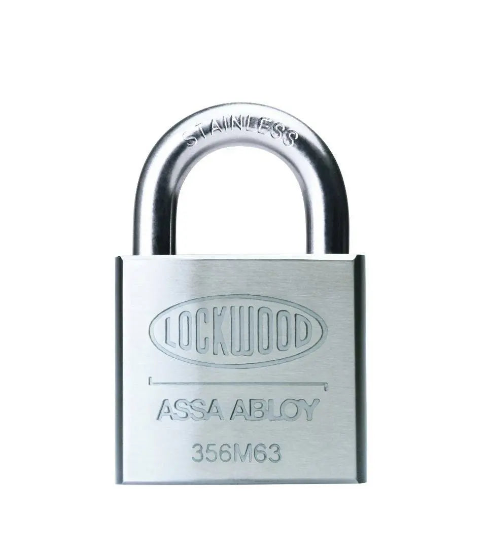 63MM stainless steel padlock with 11MM shackle and double deadlocking for high security. Lockwood ASSA ABLOY 356M63 model for heavy-duty use.